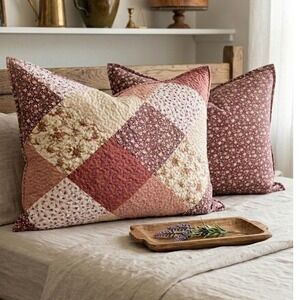 King Size Quilted Pillow Cases Pink Burgundy Floral Cottagecore set of 2